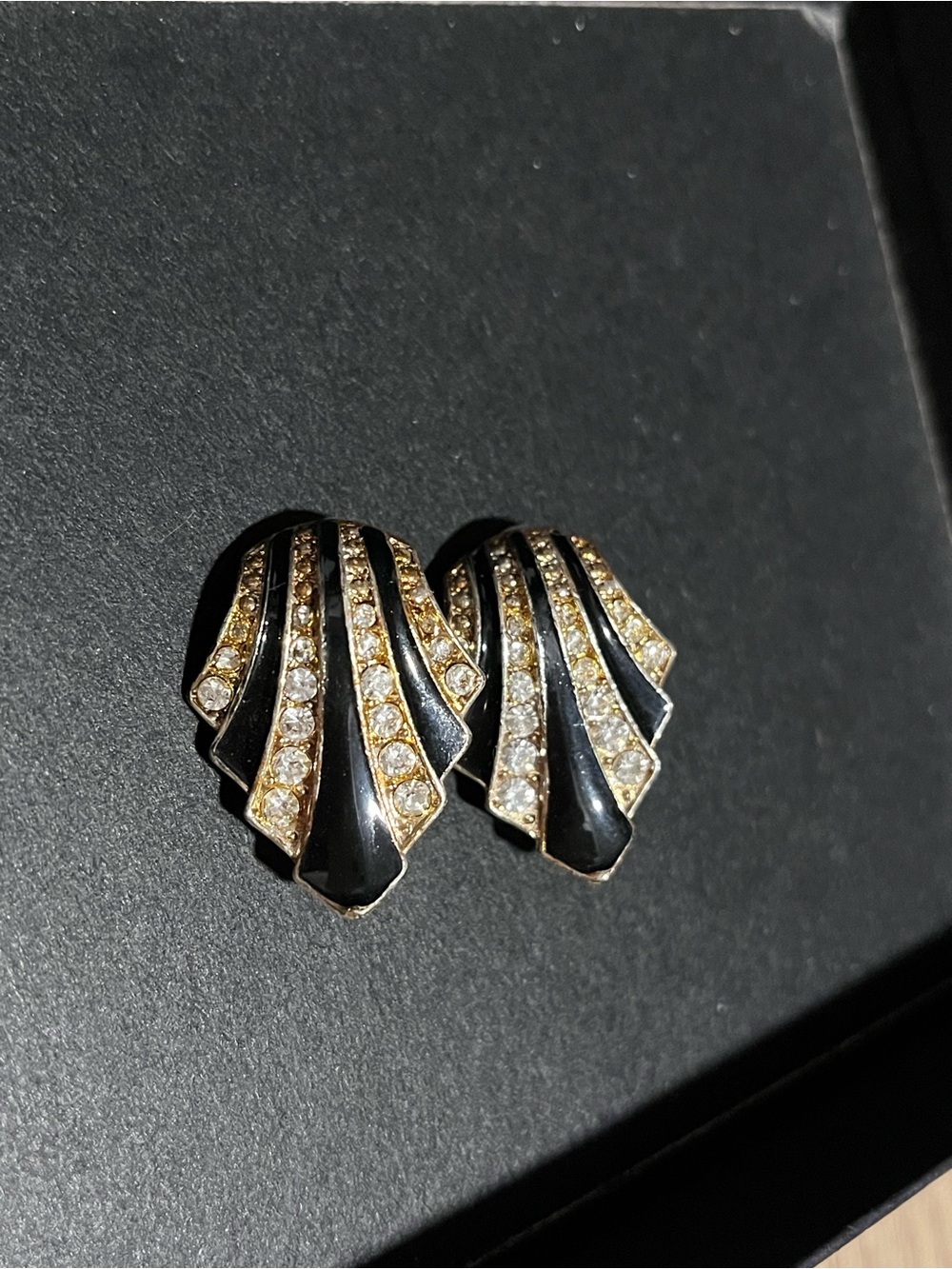 Vintage Avon Black Enamel Rhinestone Clip-On Statement Earrings